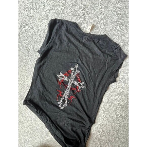 Tops - Vintage Y2K Exist Rhinestone Cross Black Biker Tshirt Cotton Blend Womens Medium